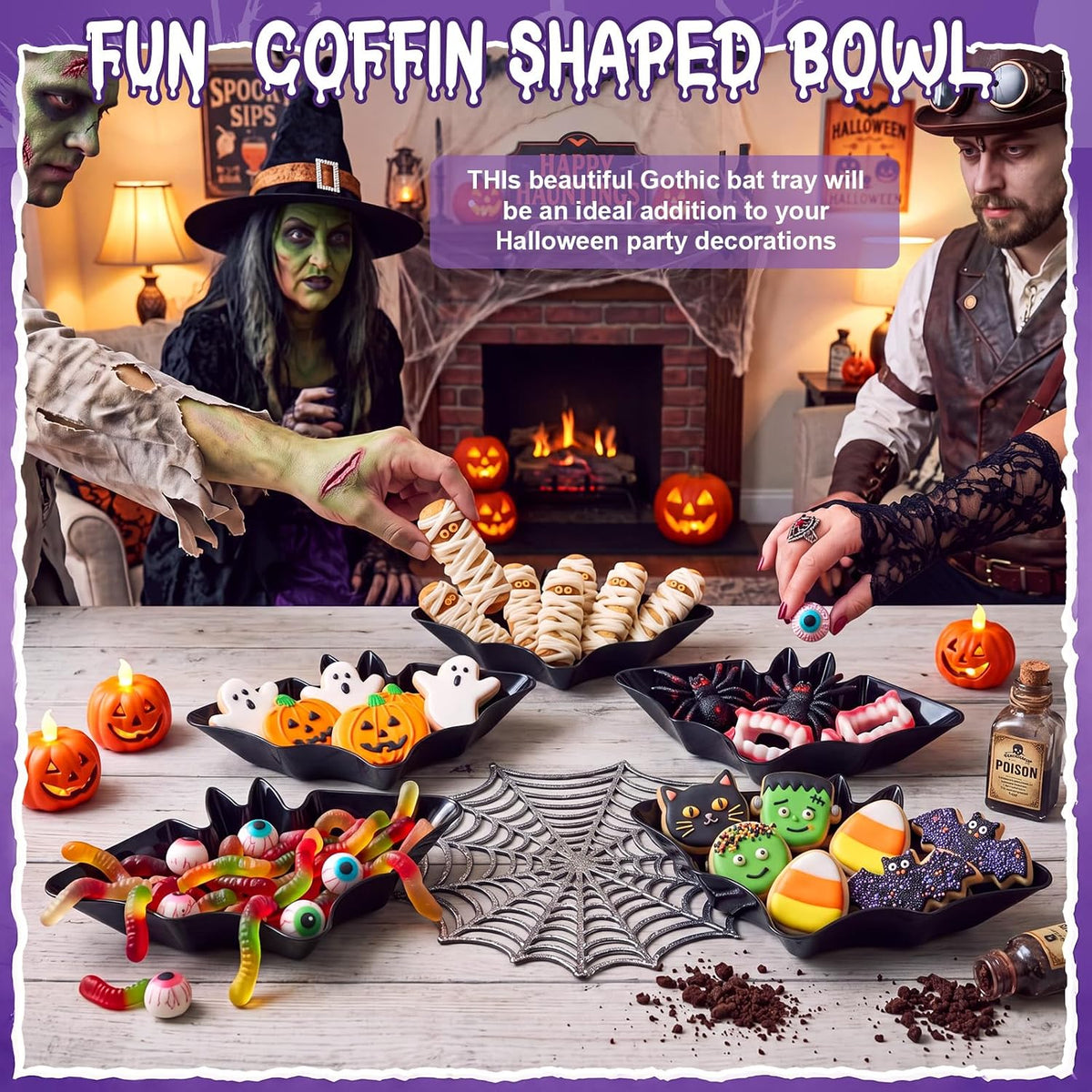 Honeydak 24 Pcs Halloween Candy Bowl, Plastic Bat Shaped Serving Trays