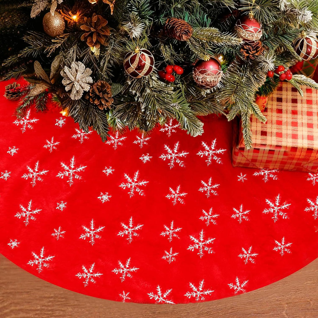 Christmas Tree Skirt, 48 Inch Red Luxury Faux Fur & Silver Sequin Snowflakes, 4ft Xmas Tree Skirt for Holiday Tree Ornaments Christmas Party Home Decorations