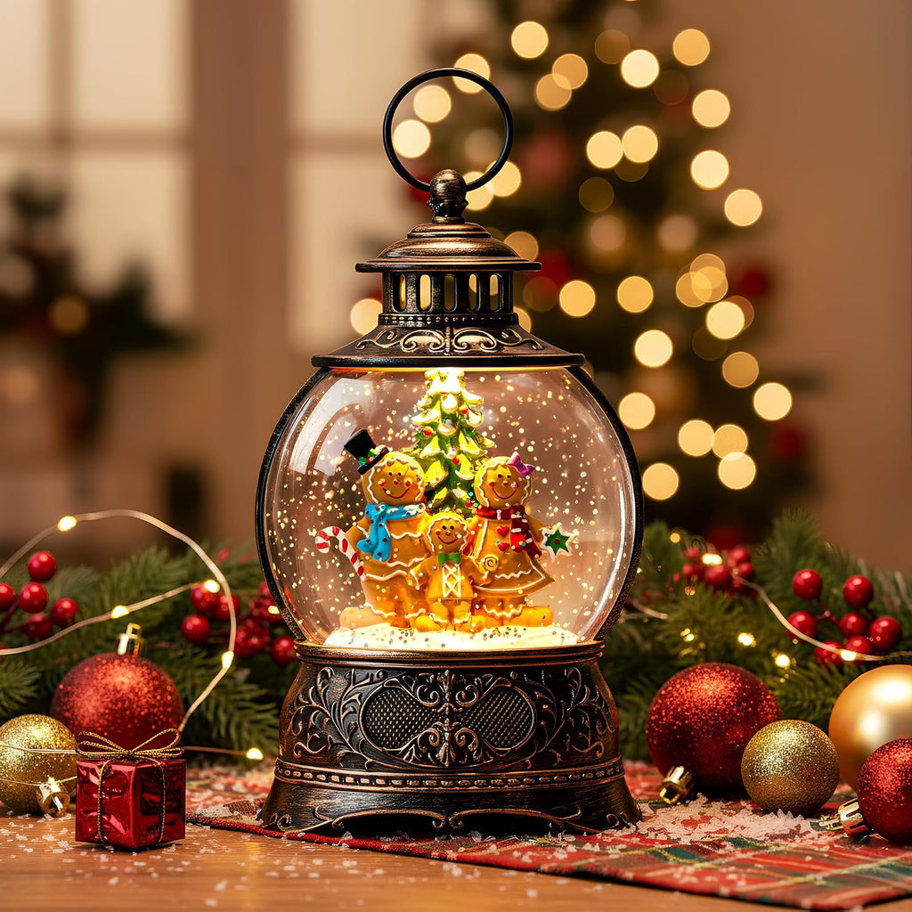 Christmas Snow Globe Water Lantern with Gingerbread Scene Battery Operated or USB Powered Musical Lighted Holiday Decoration for Tabletop Display for Family and Friends