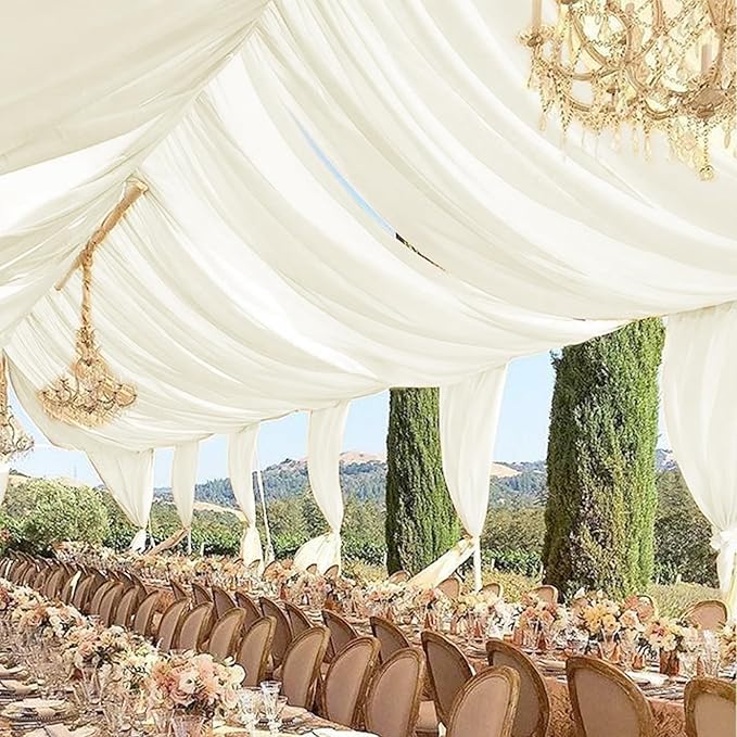 6 Panels Ivory Ceiling Drapes for Wedding 5ftx40ft Sheer Drapery Chiffon Fabric Arch Draping Curtains for Party Ceremony Birthday Baby Shower Reception Stage Ceiling Decorations