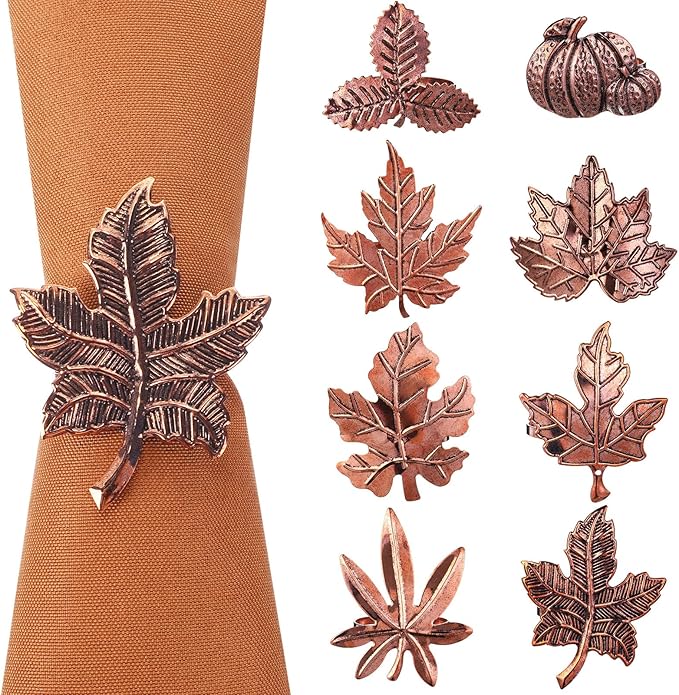 Remerry 8 Pcs Thanksgiving Napkin Ring Harvest Fall Leaf Pumpkin Holders Retro Alloy Metal Napkin Ring Buckle for Thanksgiving Wedding Table Supplies(Leaf and Pumpkin)