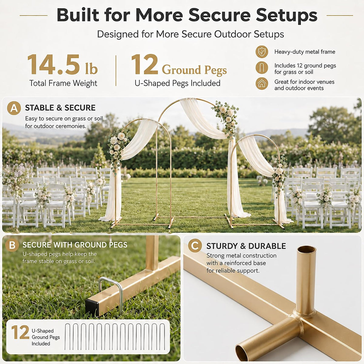 gold metal arch backdrop stand set of 3, close-up detail
