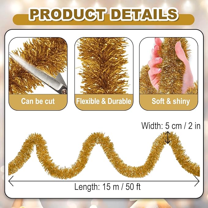 50 Feet Christmas Foil Fringe Banner Metallic Tassle Garland Metallic Backdrop Parade Floats Shiny Hanging Ceiling, Valentine's, Wedding, New Year Party Decorations(2" x 50', Champagne Gold)