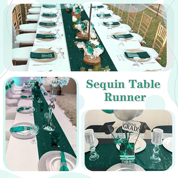 Sequin Table Runners 12 Pieces Emerald Green Table Runners 12x108 Inch Glitter Dining Table Cover for Party Wedding Birthday Reception Banquet Decoration Spring Party Chair Sashes