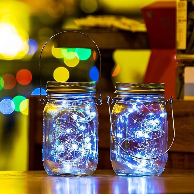 VOOKRY 12 Pack Solar Mason Jar Lights, 30 LED Mason Jar Lids Waterproof Firefly Fairy String Lights with 12 Hangers(No Jars), for Outdoor Patio Garden Yard Lawn Party Wedding Decoration - Cool White