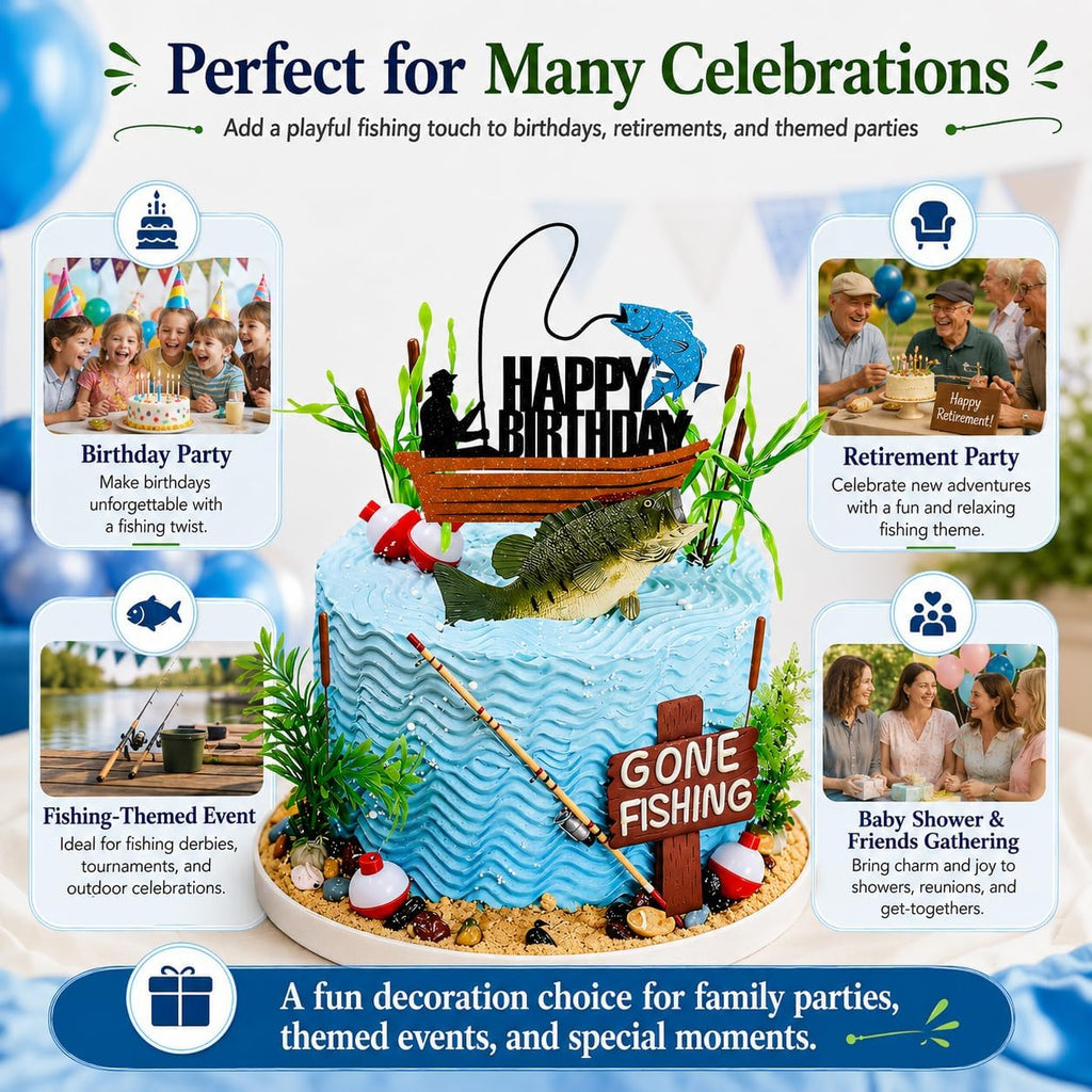 Fishing Cake Topper, Gone Fishing Cake Topper With Bass Reed For Fisherman Themed Decoration And Retirement Party Supplies