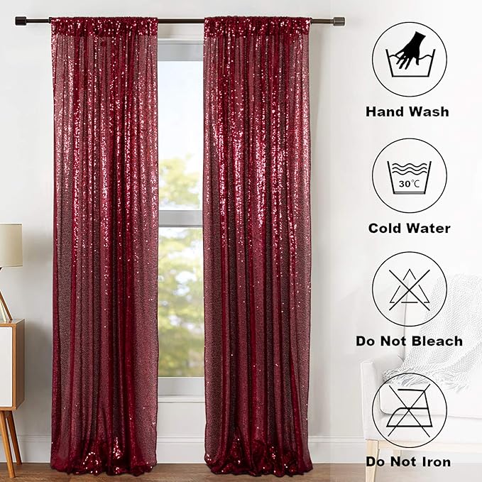 ShinyBeauty Glitter Burgundy Backdrop Curtains 2 Panels 4Ftx7Ft Sequin Curtain Photobooth Backdrops,Wine Wedding,Party,Birthday Wall Background