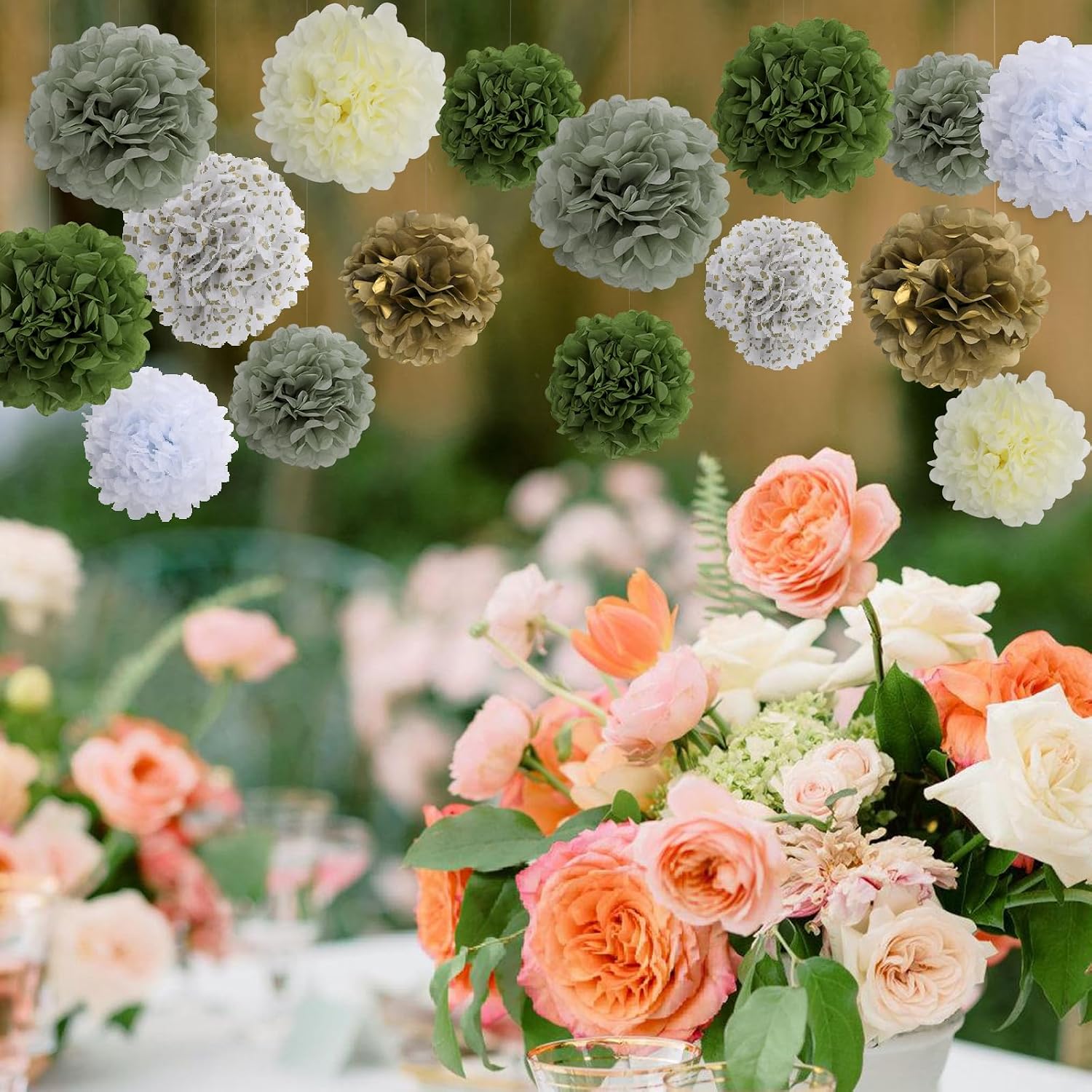 BestoFun 16 PCS Sage Green Party Decorations Tissue Paper Flowers Pom Poms Decorations for Girl Groovy Birthday Baby Shower Wedding Bachelorette Room Wall Hanging Décor