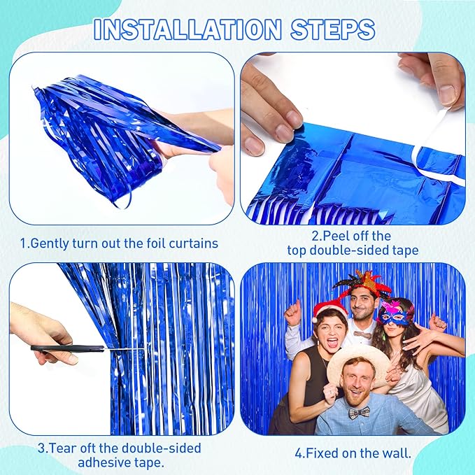 Blue Party Decorations, 2Pack Ocean Party Decor Supplies Blue Party Streamers Birthday Wedding Decorations Tinsel Foil Fringe Curtains Photo Booth Props Celebration Christmas New Year Decorations