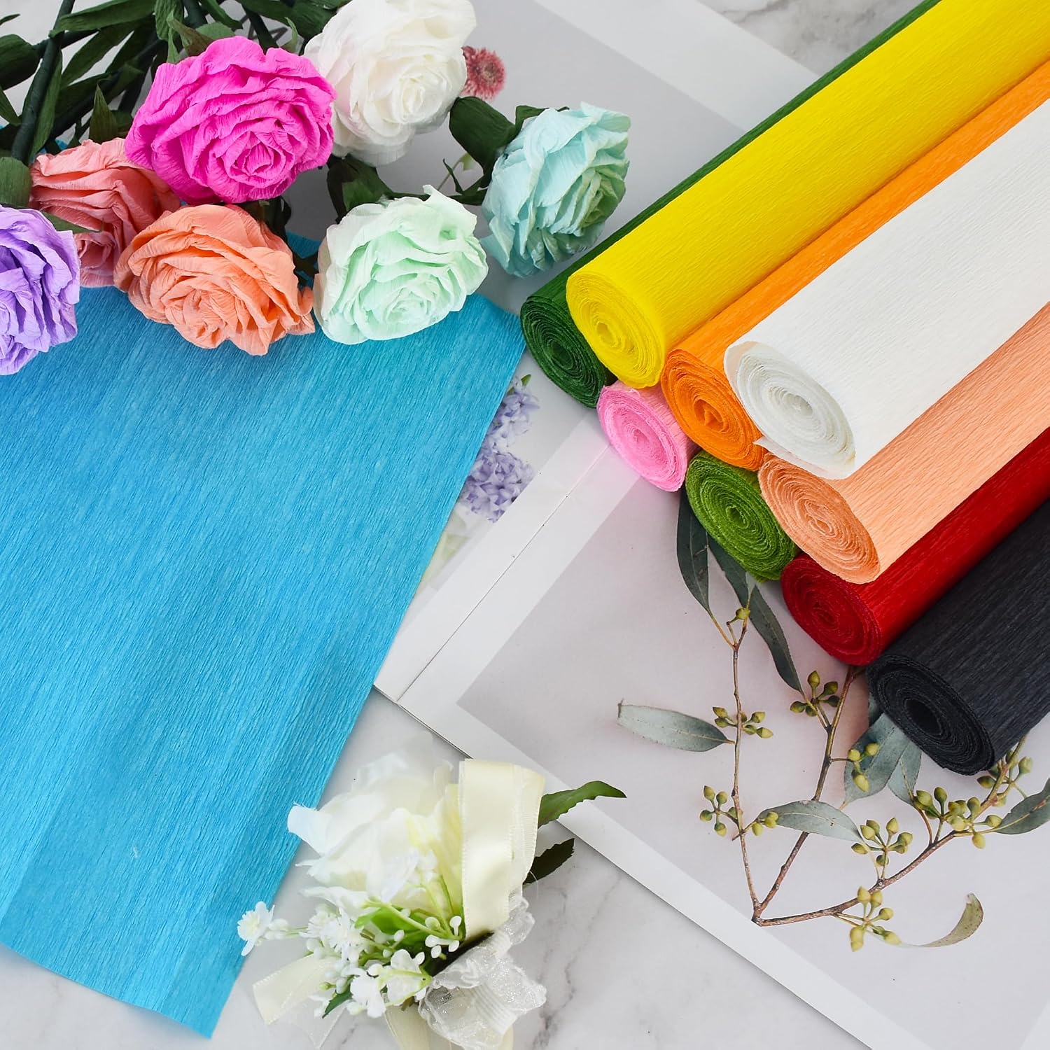 BEISHIDA White Crepe Paper Roll, 9.8 Inch Wide 8ft Long Crepe Paper Sheet for Flower Making, Wedding Ceremony, Birthday Holiday Halloween Party Decoration,DIY Craft(2Rolls)
