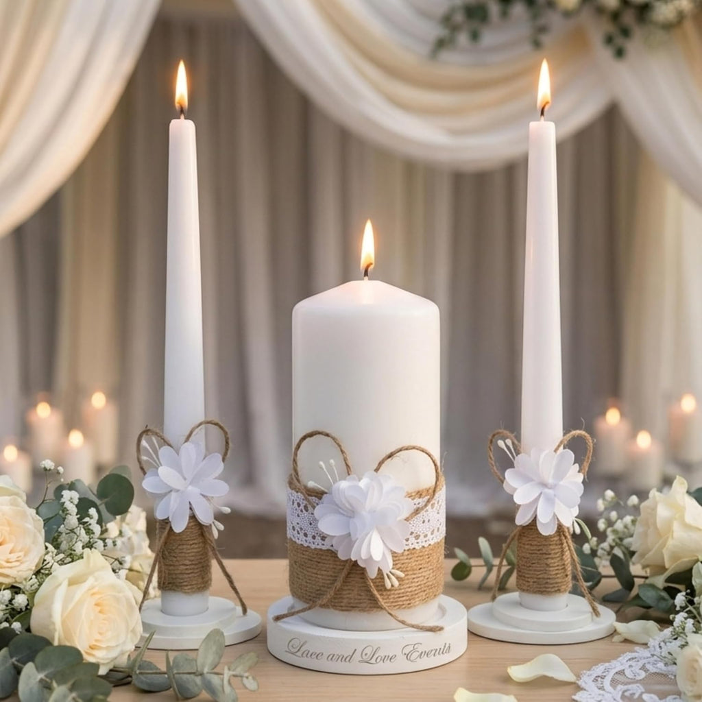 Unity Candle Set - Wedding Ceremony & Reception – 6” Pillar & Two 10” Taper Candles – Long Burning Wedding Unity Candles for Marriage Ritual – Home Decor- Handmade in USA – White | Rustic