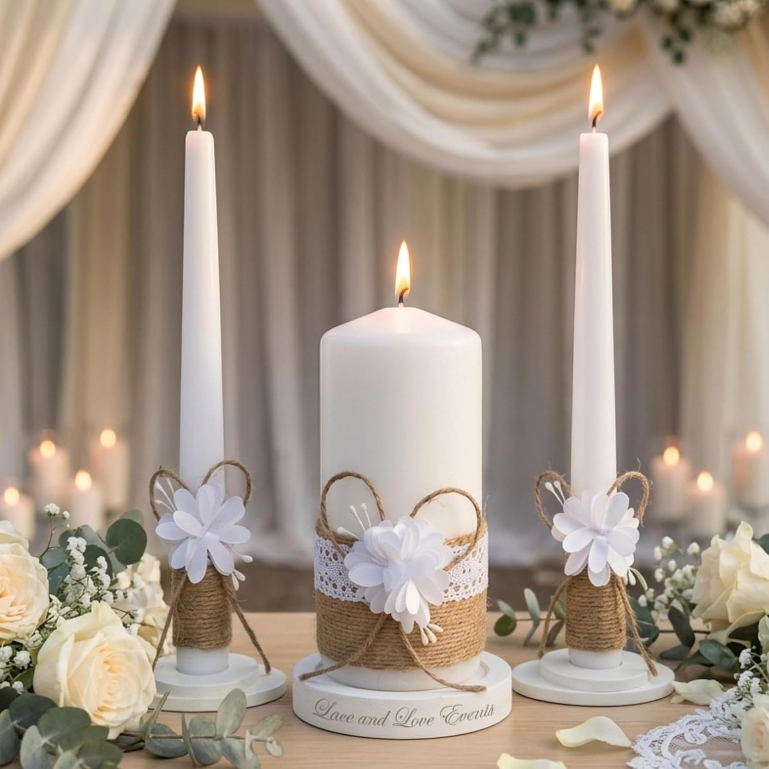 Unity Candle Set - Wedding Ceremony & Reception – 6” Pillar & Two 10” Taper Candles – Long Burning Wedding Unity Candles for Marriage Ritual – Home Decor- Handmade in USA – White | Rustic