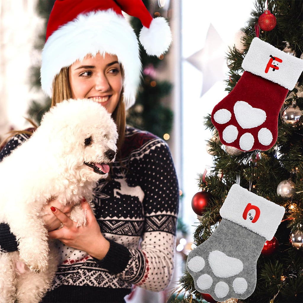 Pet Christmas Stockings with Initials, Personalized Dog Cat Paw Xmas Stockings with Letters, 17.5 in Embroidered Monogram Christmas Stockings for Pets, Red Letter B