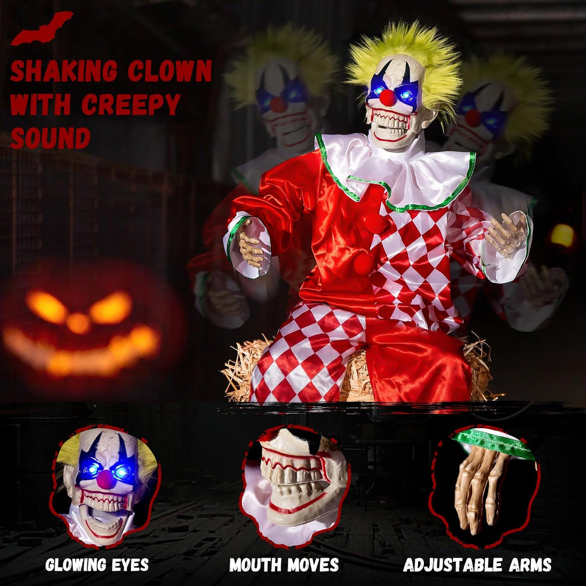 Halloween Animatronic Sitting Clown Decoration–Sound Activated Creepy Clown P...