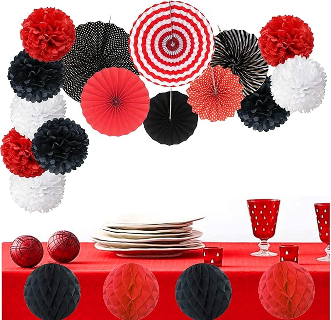 Hanging Paper Fan Set, Tissue Paper Pom Poms Flower Fan and Honeycomb Balls for Birthday Baby Shower Wedding Festival Decorations - Red Black and White