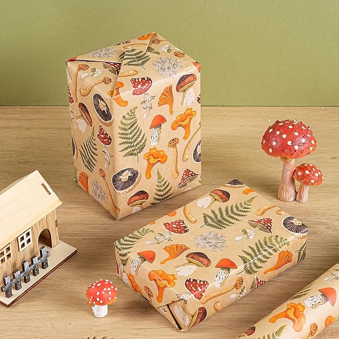 WRAPAHOLIC Kraft Mushroom Wrapping Paper Roll - Mini Roll - 17 Inch x 16.5 Feet - Mushroom Gift Wrapping Paper for Birthday, Baby Shower, Autumn