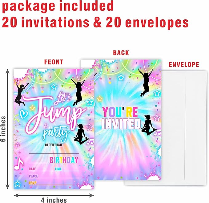 Tie Dye Trampoline Birthday Invitations,Let's Jump! Birthday Party Invite Cards（20 Count) With Envelopes, Fill In Style Invite Cards For Boys & Girls, Birthday Party Supplies-B06