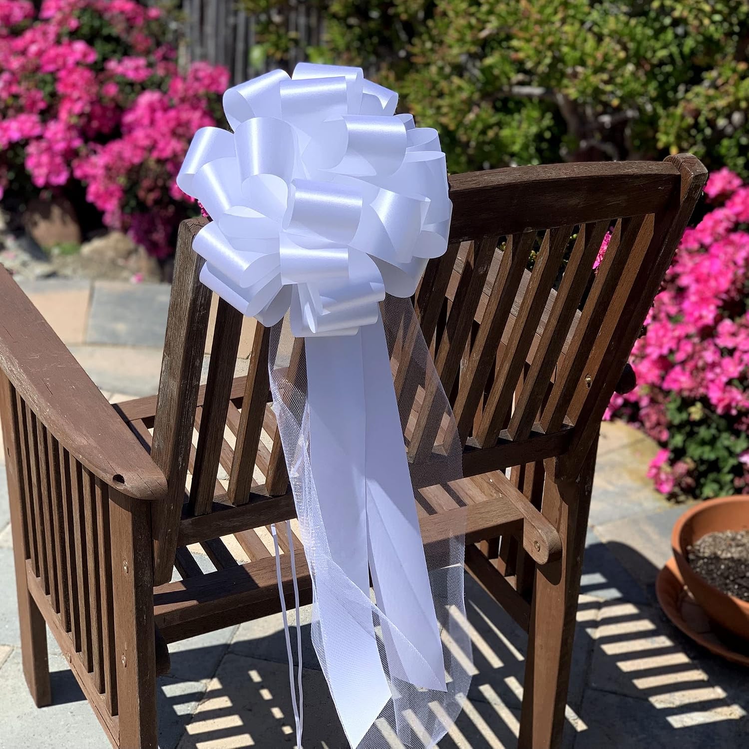 Large White Wedding Pull Bows with Long Tulle Tails - 9" Wide, Set of 6, 4th of July, America 250 Anniversary, Wedding Pew Bows, Mother's Day, Aisle Decor, Reception, Wreath, Anniversary, Graduation