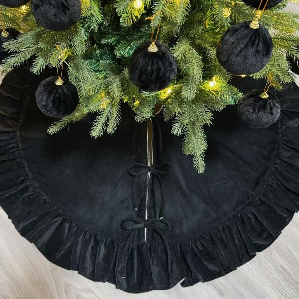 48 Inches Ruffled Velvet Christmas Tree Skirt Black with Bow Large Luxury Xmas Tree Skirt Mat for Christmas & New Year Holiday Home Party Decorations - 122cm