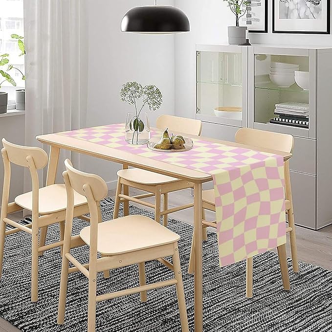 Hippie Table Runner Retro Geometric Square Purple Grid 60s70s Style Kitchen Restaurant Decoration for Indoor and Outdoor Wedding Party Table Runner 13x90 Inch