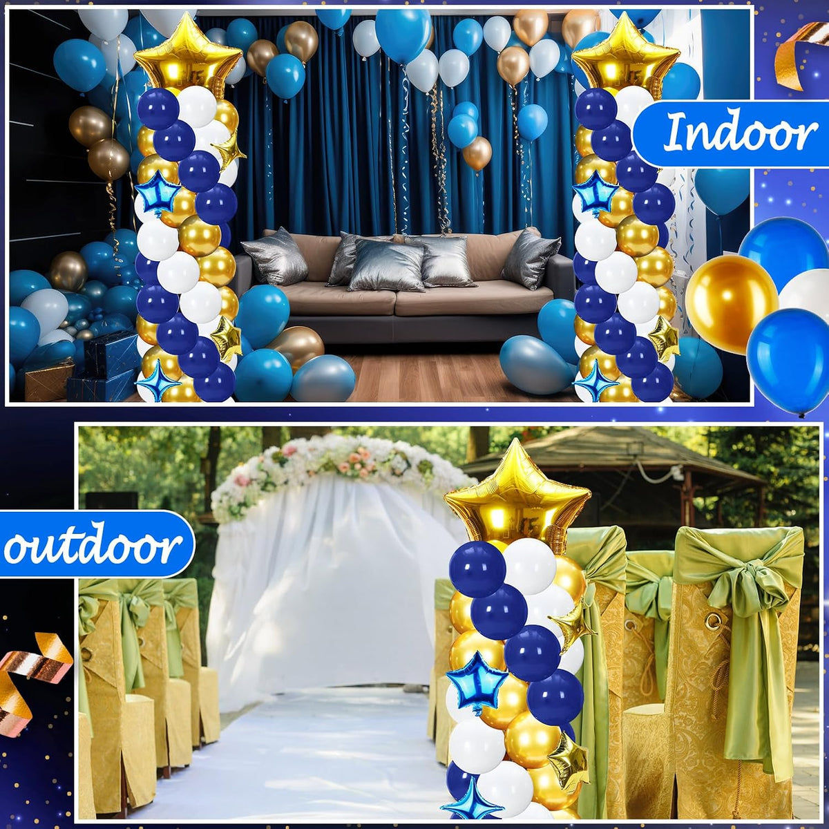 gejoy 110 pcs blue and gold balloon arch on a desk or shelf