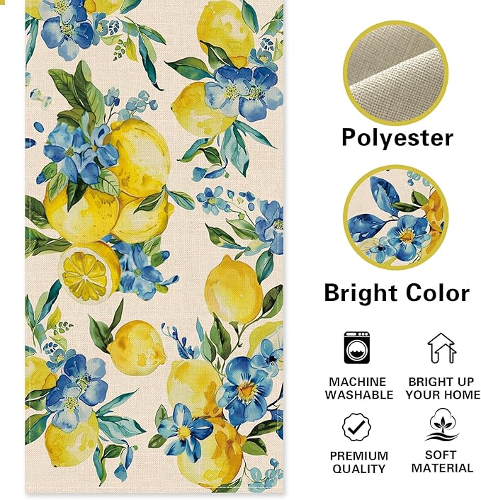 Lemon Blue Flower Dining Table Runner, Spring Summer Fruit Floral Burlap Kitchen Decoration, Seasonal Indoor Outdoor Home Decor Party Supply 13 x 72 Inches