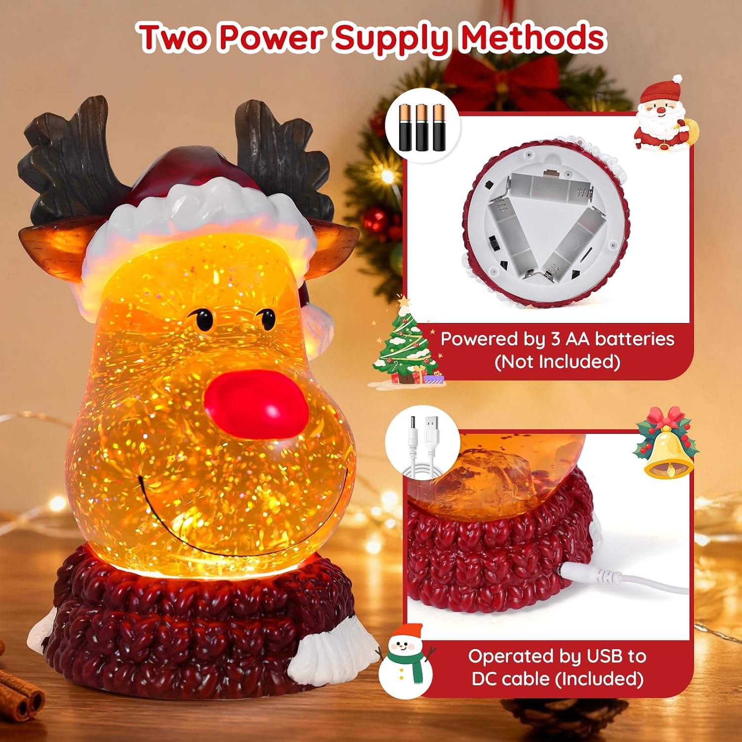 Christmas Snow Globe Reindeer Lighted Musical Glitter Globe Battery Operated or USB Powered with Timer Water Glittering Snowing Globe for Christmas Party Home Table Decorations Gifts (Reindeer)