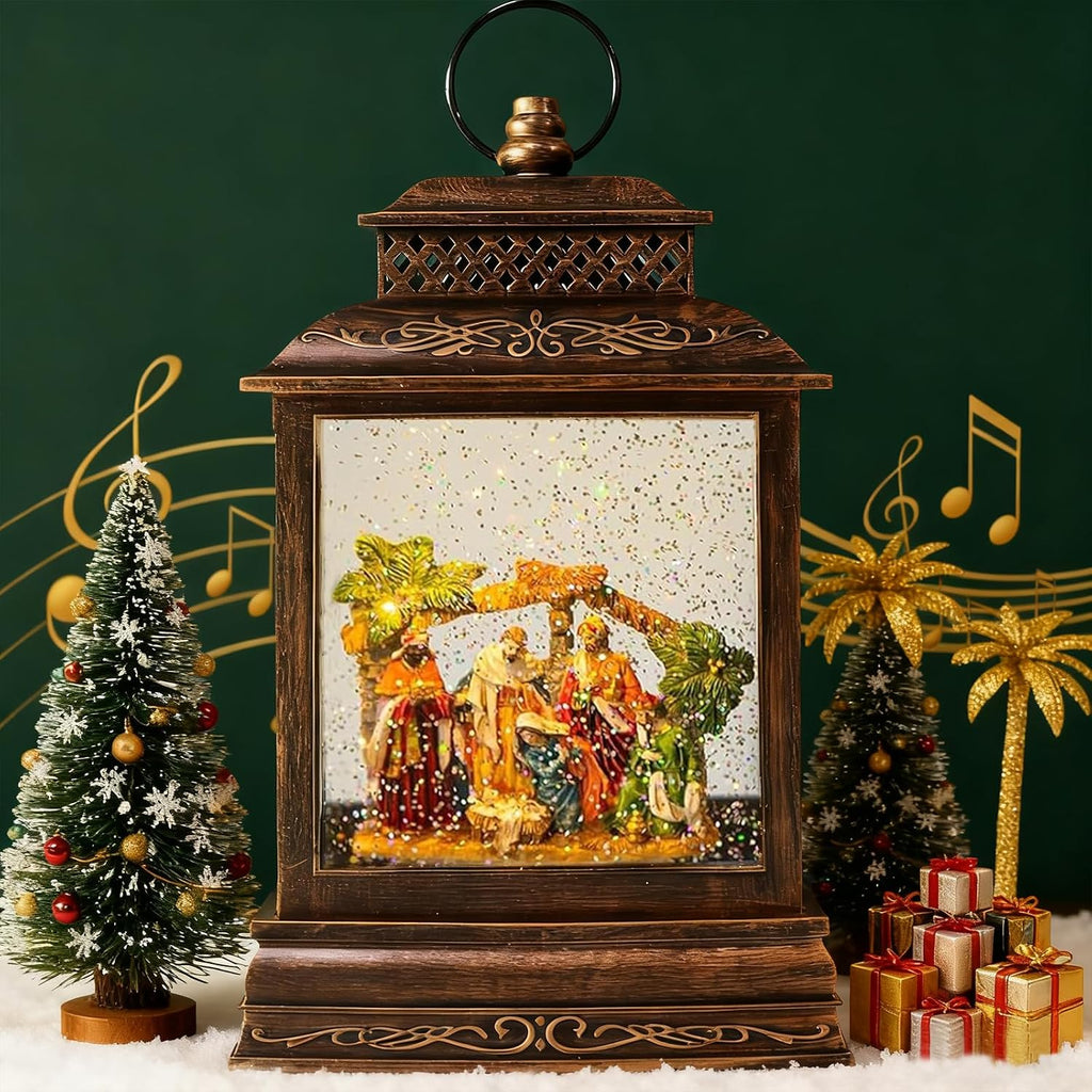 Christmas Snow Globe Lantern Water Nativity Scene & Manger Scene with Music & Timer, USB Lined/Battery Operated Lighted Lantern for Christmas Festival Decoration Gifts
