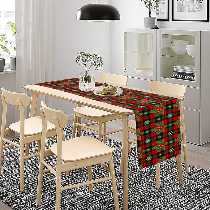 Christmas Table Runner, Red Check Plaid Winter Xmas Holiday Table Cloth Kitchen Dining Table Decoration for Home Party Decor 13x120 Inch