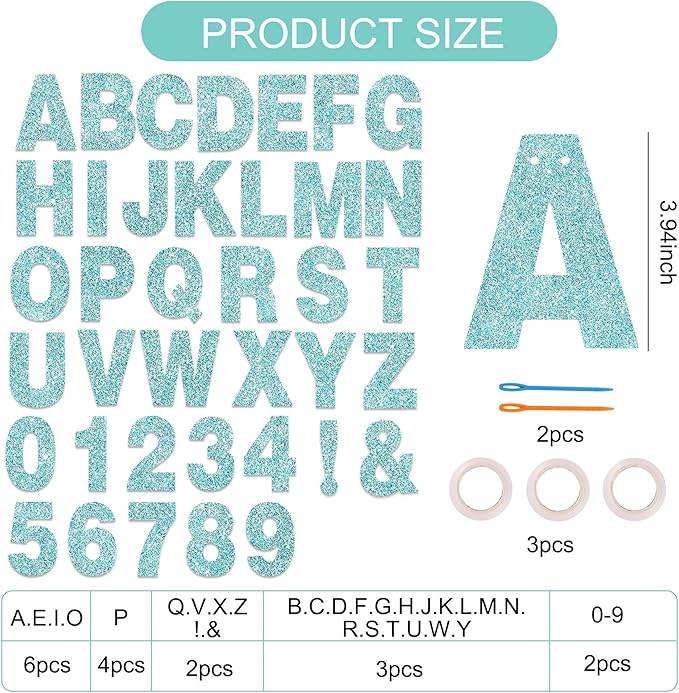 BEISHIDA 116 PCS Glitter Baby Blue DIY Letter Banner Kit Make Your Own Banner，Including 111 Letters and Numbers 3 Rope and 2 Threading Device,Customized for Birthday Graduation Wedding Party Decor