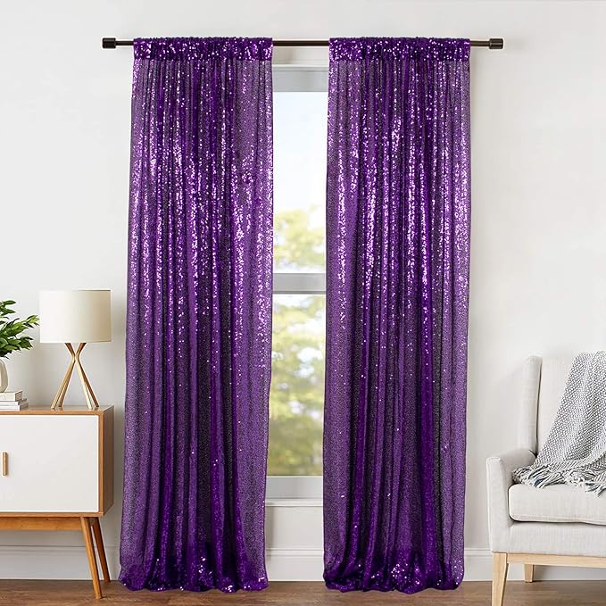 ShinyBeauty 4 Panels Purple Sequin Curtains | 2Ft x 8Ft Sparkle Photo Backdrop | Shimmer Background for Parties & Events | Mermaid Theme | Durable & Elegant Fabric Backdrop