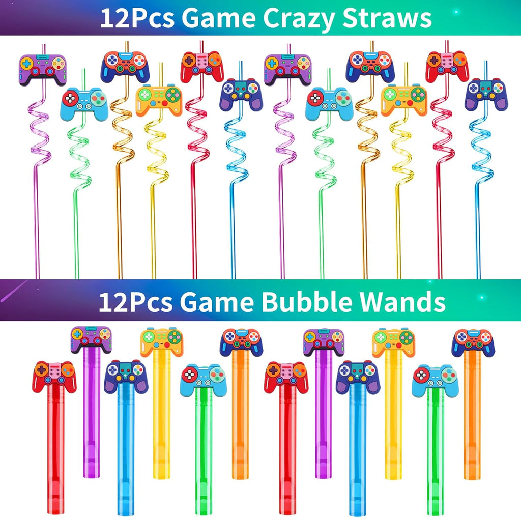 PLOUGVI 320PCS Video Game Party Favors for Kids-Including Goodie Bags, Glasses, Straws, Bubble Wands, Stickers, Cake Toppers, Tattoos & More-Perfect for Theme Party Decorations & Piñata Fillers
