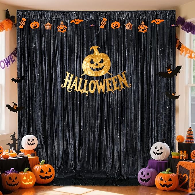 9.6x8FT Black Sequin Curtains: Photo Backdrop Drapes 2 Pieces 4.8x8FT Birthday Backdrop for Hallween Decorations Arch Backdrop