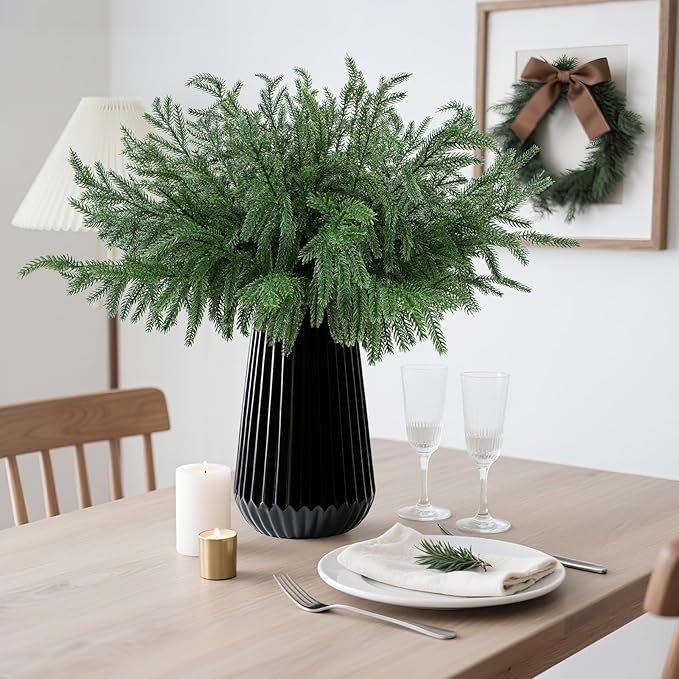 12 Pcs Christmas Norfolk Pine Branches, Artificial Pine Christmas Stems Real Touch Faux Greenery Pine Picks for Vase DIY Garland Wreath Home Indoor Outdoor Decoration