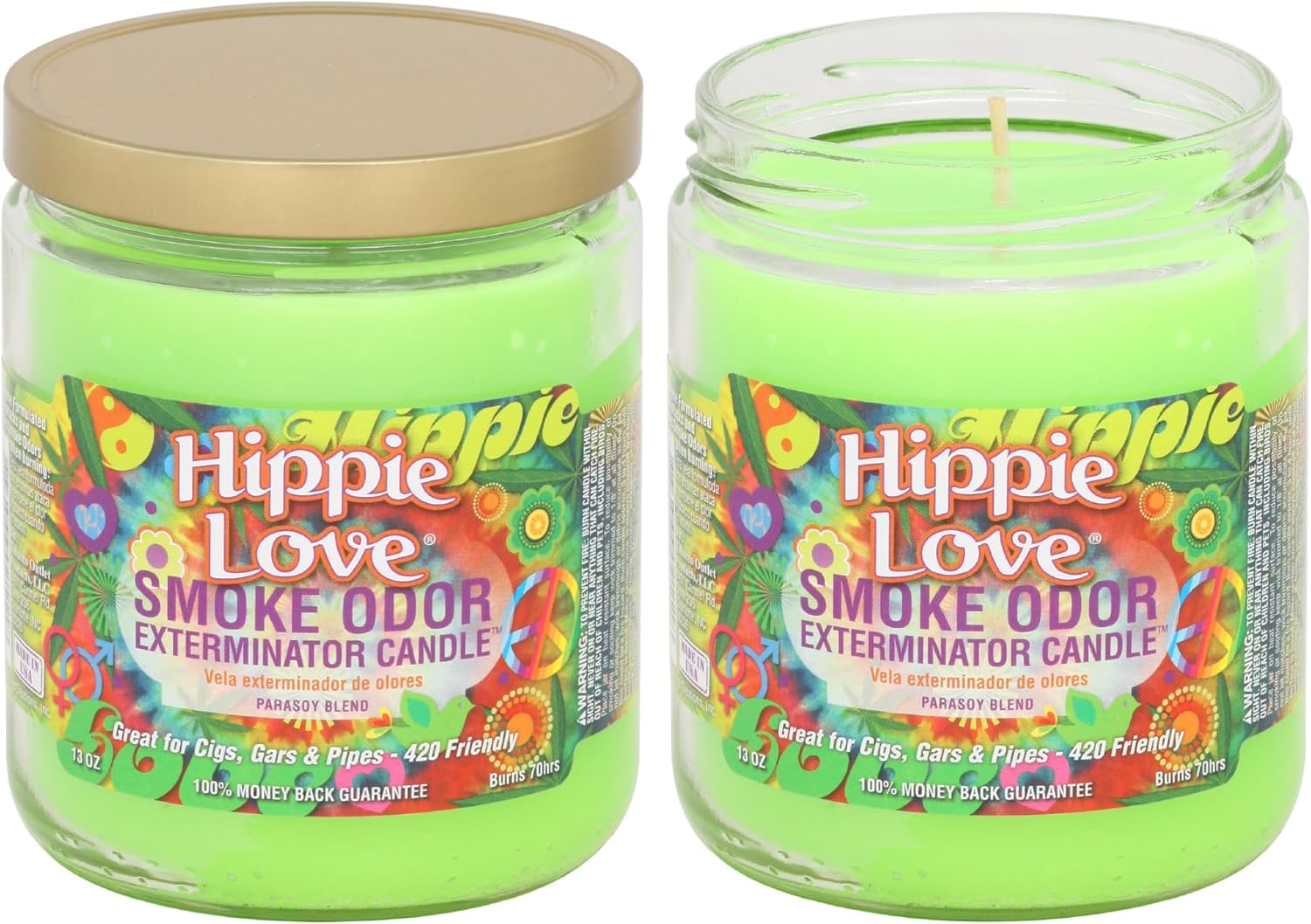 Smoke Odor Exterminator 13 oz Jar Candles Hippie Love, (2) Set of Two Candles.