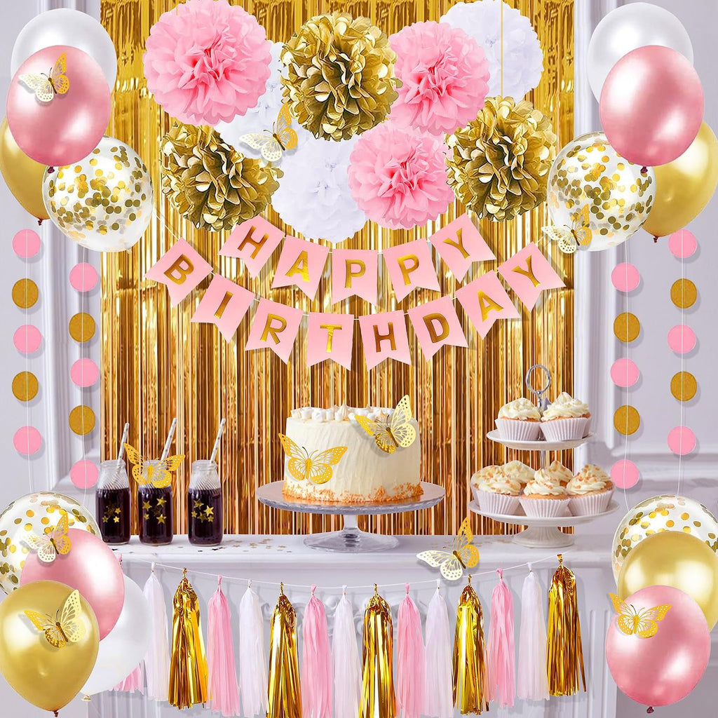 Pink and Gold Birthday Party Decorations for Women with Happy Birthday Banner,Curtains, Butterfly Wall,Circle Dots Garland,Tissue Pompoms,Paper Tassels Garland for Her