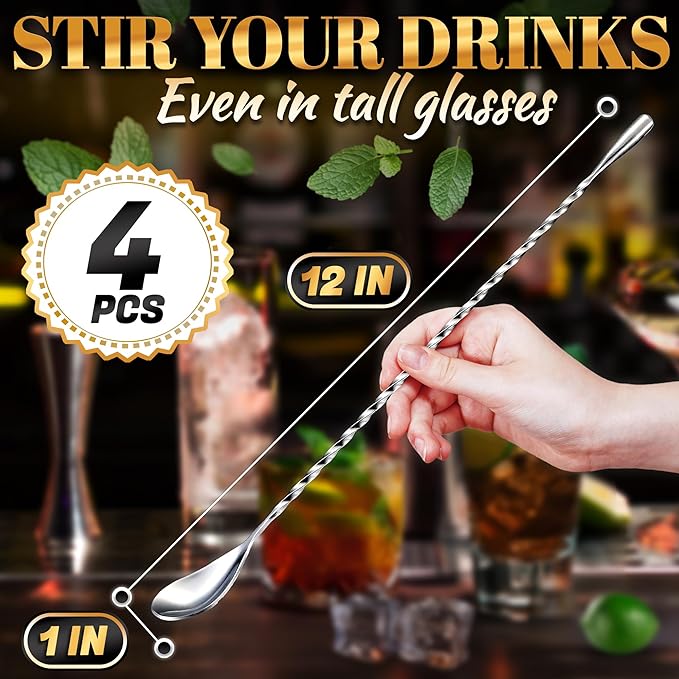4 Pcs Bar Spoon Cocktail Stirrers – 12'' Long Spoons for Stirring | Stainless Steel with Polished Surface, Easy to Clean – Professional & Home Use, Practical Gift for Drink Mixing Lovers Caviar Spoons