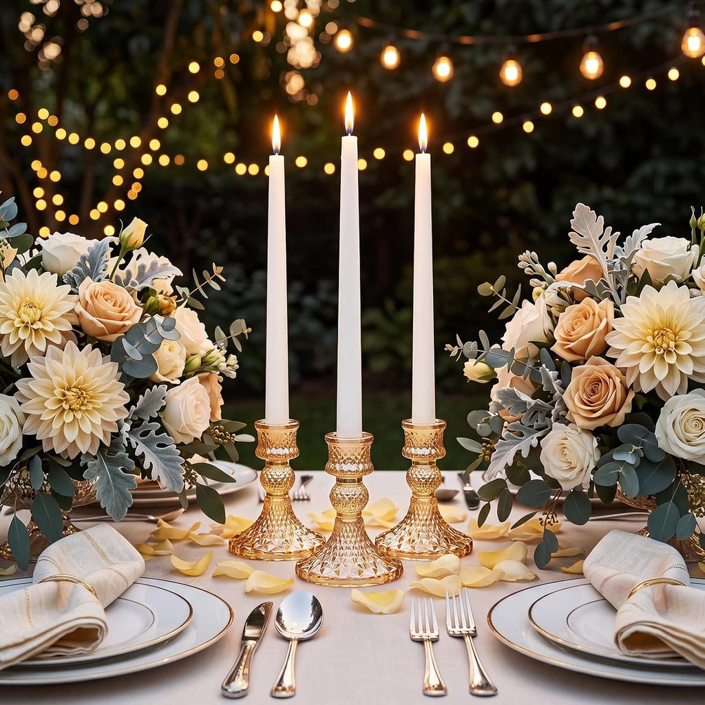 Sieral 24 Pcs Gold Taper Candle Holders 4'' Tall Candlestick Glass Holders Bulk Crystal Decorative Stand Wedding Stick Holder for Anniversary Party Dining Table Festival Decor