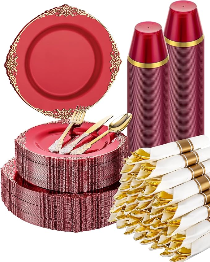 Goodluck 350 Piece Red Dinnerware Set for 50 Guests, Fancy Disposable Plates, Include: 100 Red Rim Plastic Plates, 150 Silverwares, 50 Pre Rolled Napkins, 50 Cups for Party, Wedding