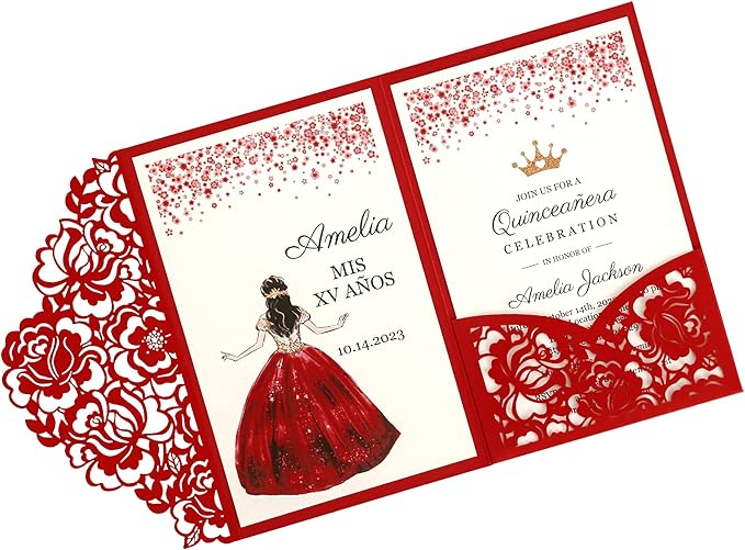 DORIS HOME 50pcs Laser Cut Quinceanera Invitations Red, 4.7x7.1 Personalized Quince Invitations for 15th Birthday, Invitation cards for Sweet 16 with Envelopes