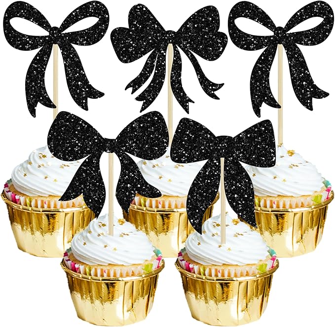 Gyufise 36Pcs Bow Cupcake Toppers Glitter Girls Birthday Decorations Bowknot Cupcake Picks Bow Tie Birthday Decorations Bow Cake Toppers for Bridal Baby Shower Bachelorette Party Supplies Black