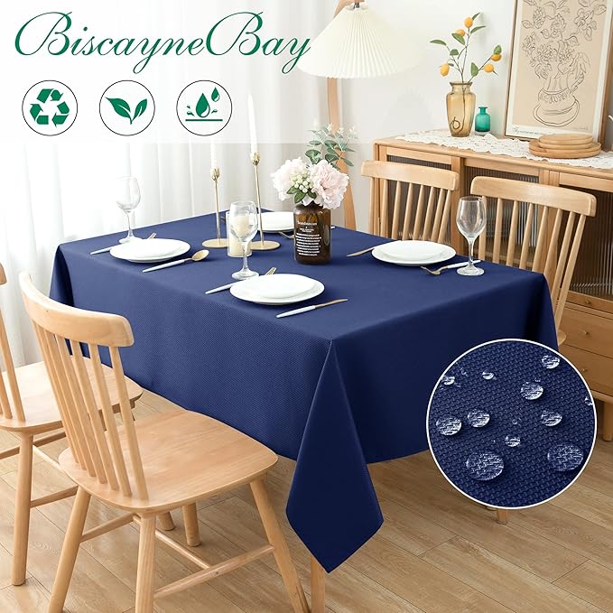 Biscaynebay Textured Fabric Tablecloths 60x84 Inches Rectangular, Navy Water Resistant Tablecloths for Dining, Kitchen, Wedding and Parties etc. Machine Washable