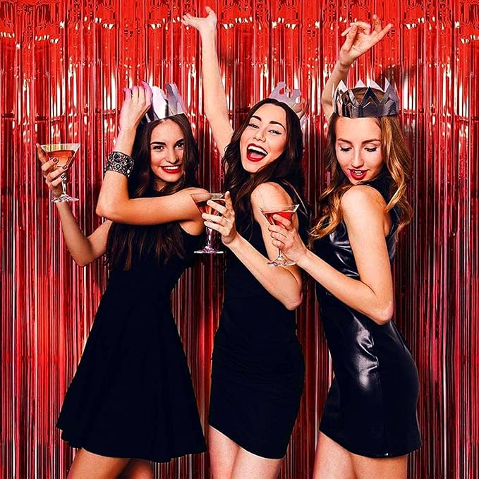 4 Pack Red Foil Fringe Curtain Backdrop, 3.28Ft x 8.2Ft Metallic Tinsel Foil Fringe Streamer for Party, Photo Booth Props, Birthday, 2022 Mother's Day Decoration Party Supplies