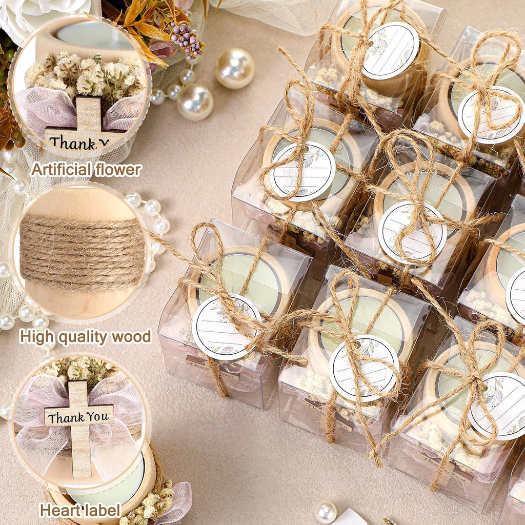 MTLEE 16 Pack Wooden Tealight Candle Holders Kit Guest Gifts for Wedding Baby Shower The First Communion Baptism Christening Housewarming Party Handmade Thank You Candle with Card Box Rope (Cute)