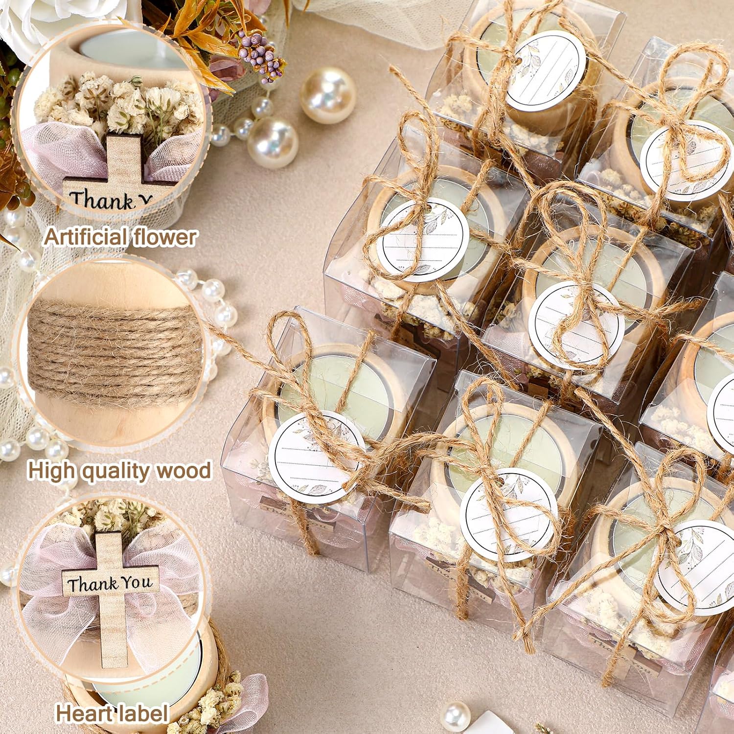 MTLEE 16 Pack Wooden Tealight Candle Holders Kit Guest Gifts for Wedding Baby Shower The First Communion Baptism Christening Housewarming Party Handmade Thank You Candle with Card Box Rope (Cute)