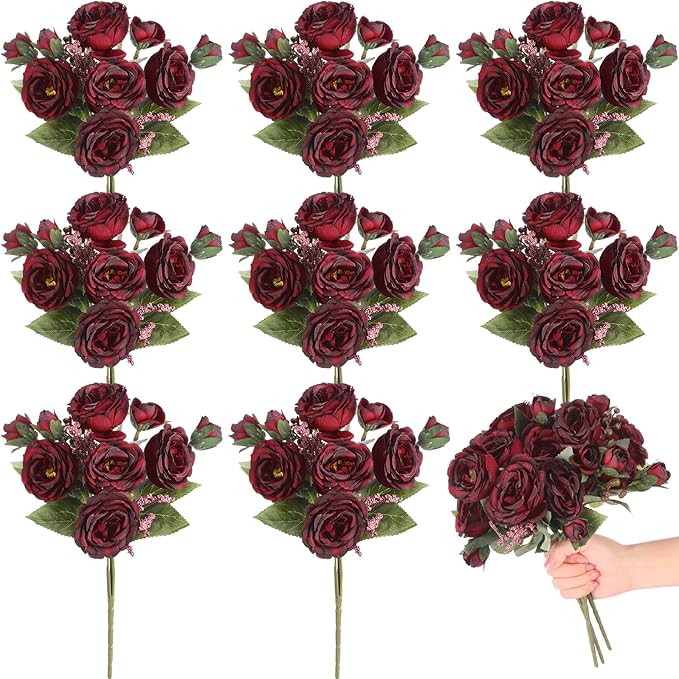 8 Bundles Artificial Peonies Flowers Boho Faux Flowers Arrangements Artificial Centerpiece Spring Bouquet Floral Wedding Decoration for Vase(Burgundy)