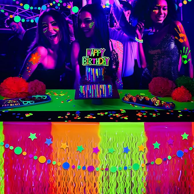 Mega-L Glow in The Dark Party Supplies, 4 Pack Neon Party Decorations Fluorescent Macaron Orange, Yellow and Fuchsia Wavy Metallic Tinsel Foil Fringe Table Skirts, Perfect Table Decors Glow Decors