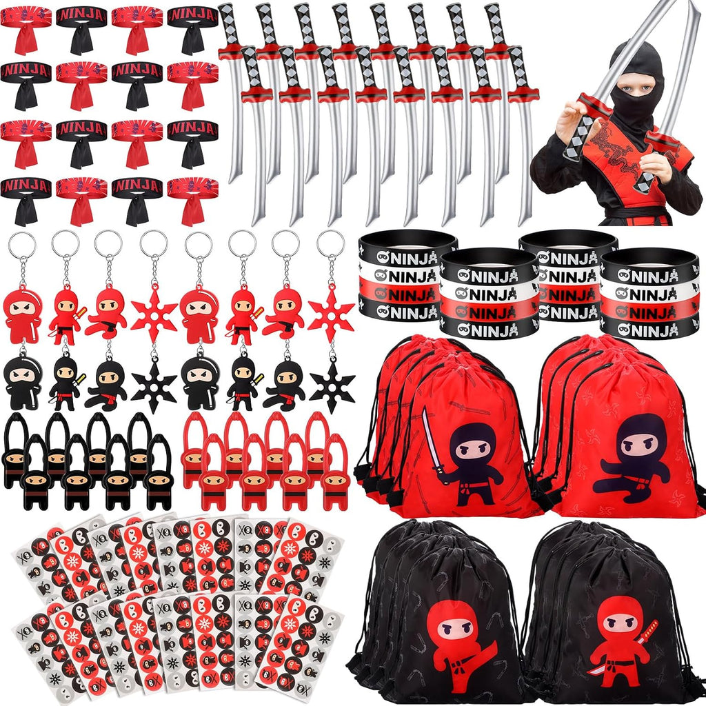 Tondiamo 168 Pcs Ninja and Pirate Party Favors with Drawstring Backpack Headband Inflatable Sword Bracelet Sticker Keychain Stretch Ninja or Pirate Eye Mask For Karate Birthday (Ninja Style)