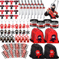 Tondiamo 168 Pcs Ninja and Pirate Party Favors with Drawstring Backpack Headband Inflatable Sword Bracelet Sticker Keychain Stretch Ninja or Pirate Eye Mask For Karate Birthday (Ninja Style)