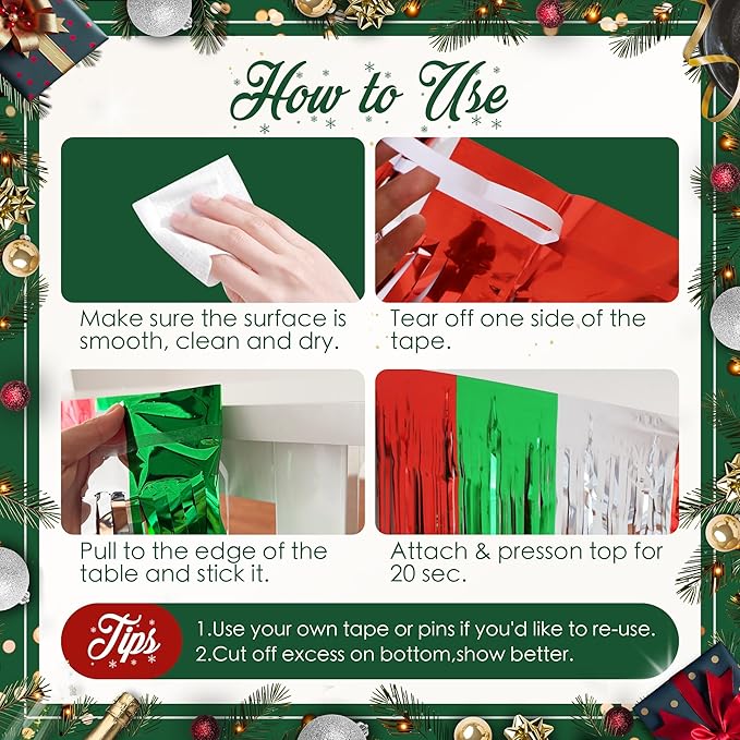 2 Pack Christmas Table Skirts, 29x108" Red & Silver & Green Metallic Foil Tinsel Fringe Table Skirts for Rectangle Tables Streamer Curtain Backdrop, Party Decoration for Xmas Birthday Wedding Holiday